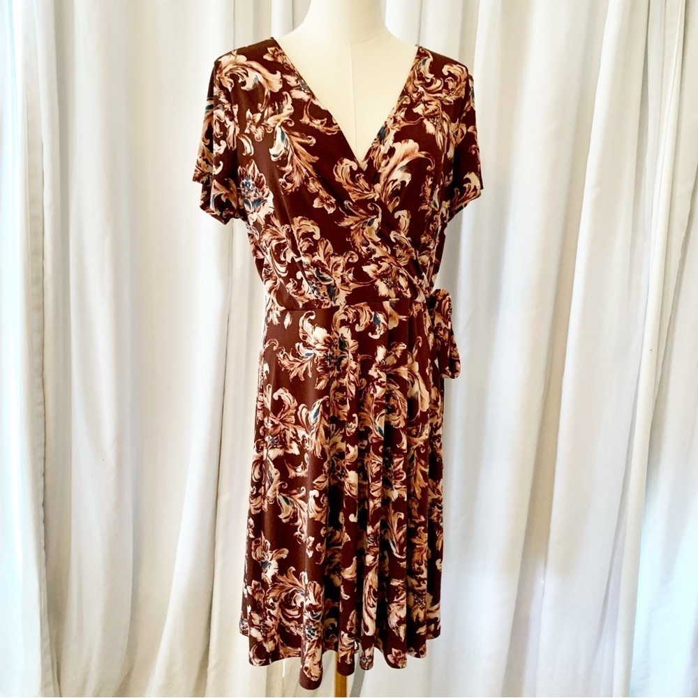 Kaileigh Stitch Fix Knit Faux Wrap Dress Short Sleeve sz L Burgundy Teal